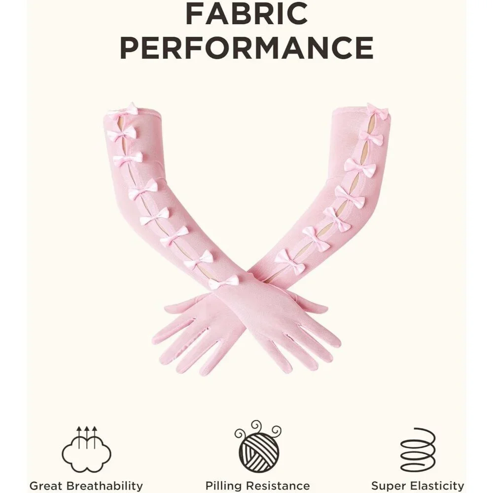 Women's Princess Pink Long Sleeves Gloves Bow Lace Mesh Tulle Party Prom